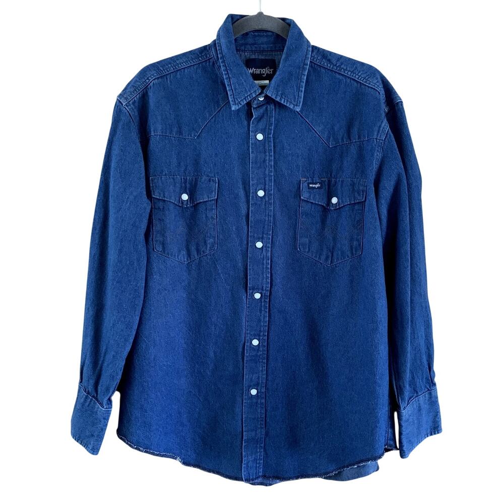 Wrangler Denim Shirt Men's Size 17x34 100% Cotton Long Sleeve Pearl Snap Work